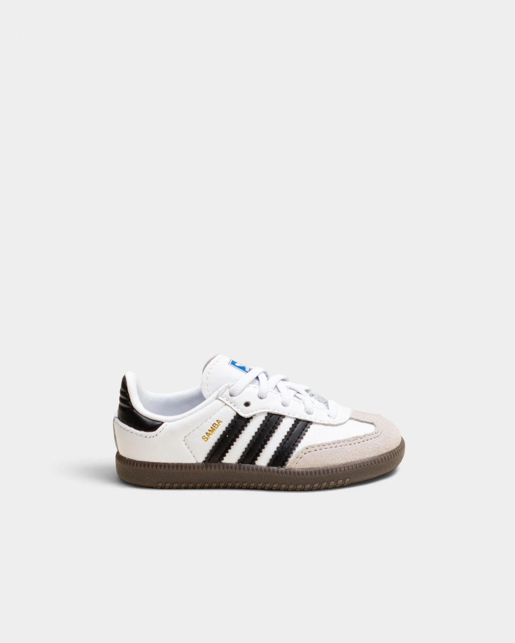 adidas Kids Samba OG in cloud white leather with core black 3-Stripes, grey suede T-toe and gum sole, side view