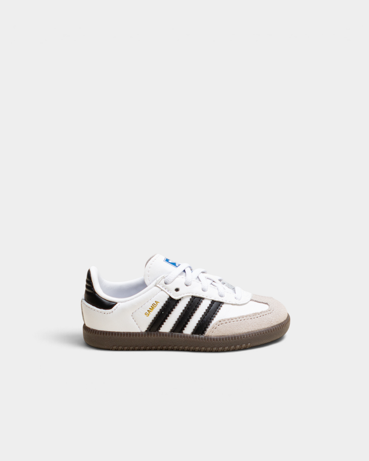adidas Kids Samba OG in cloud white leather with core black 3-Stripes, grey suede T-toe and gum sole, side view