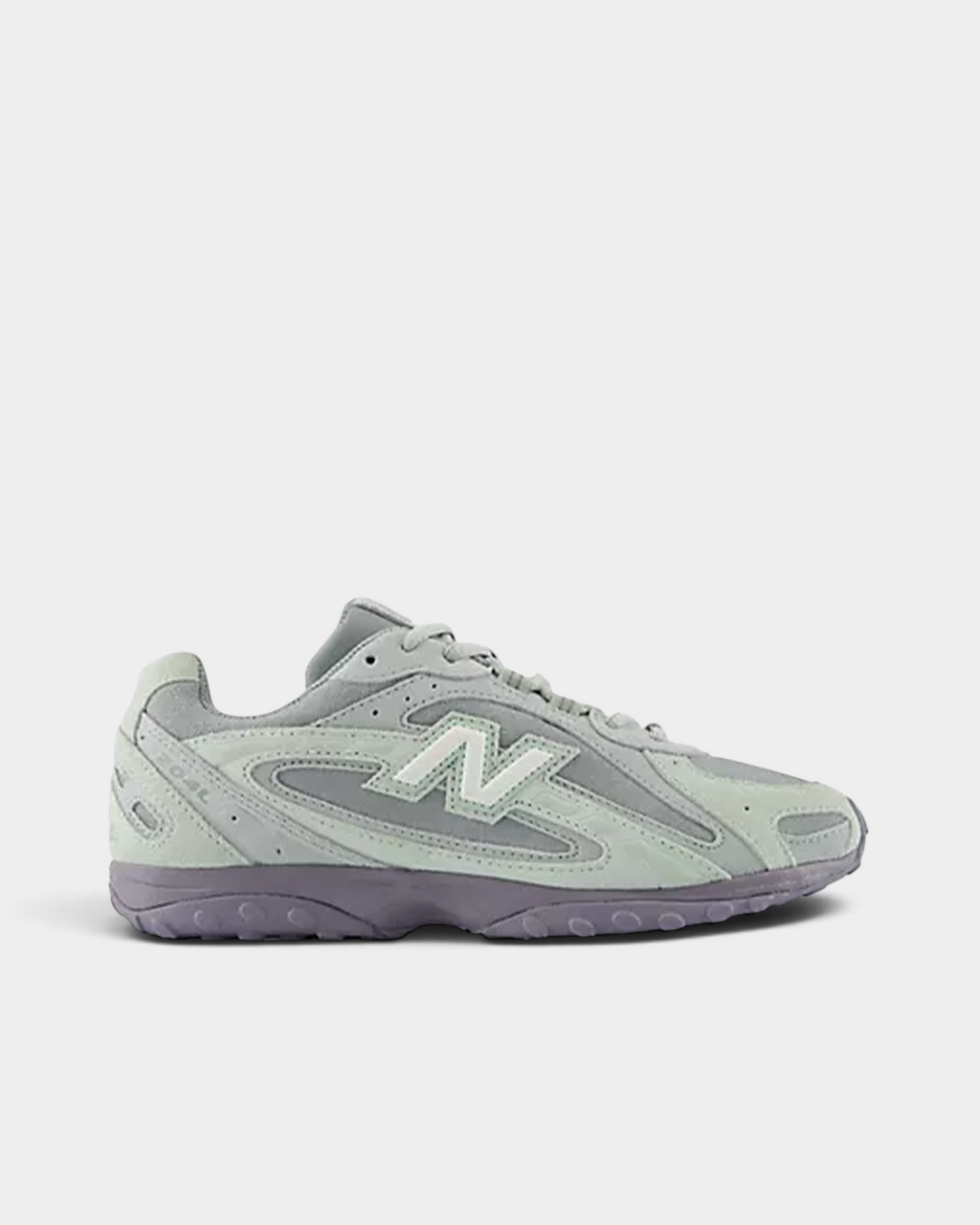 New Balance 204L sneaker in silver moss and lone star grey suede, side view showing the arced overlays, white N logo and bayberry purple outsole