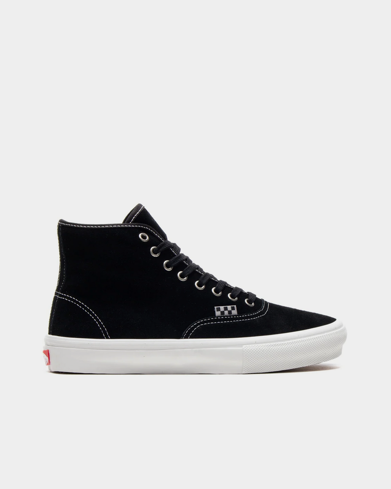 Vans Skate Authentic High skate shoe in black suede, side profile with black laces, contrast white stitching and a white foxing and outsole