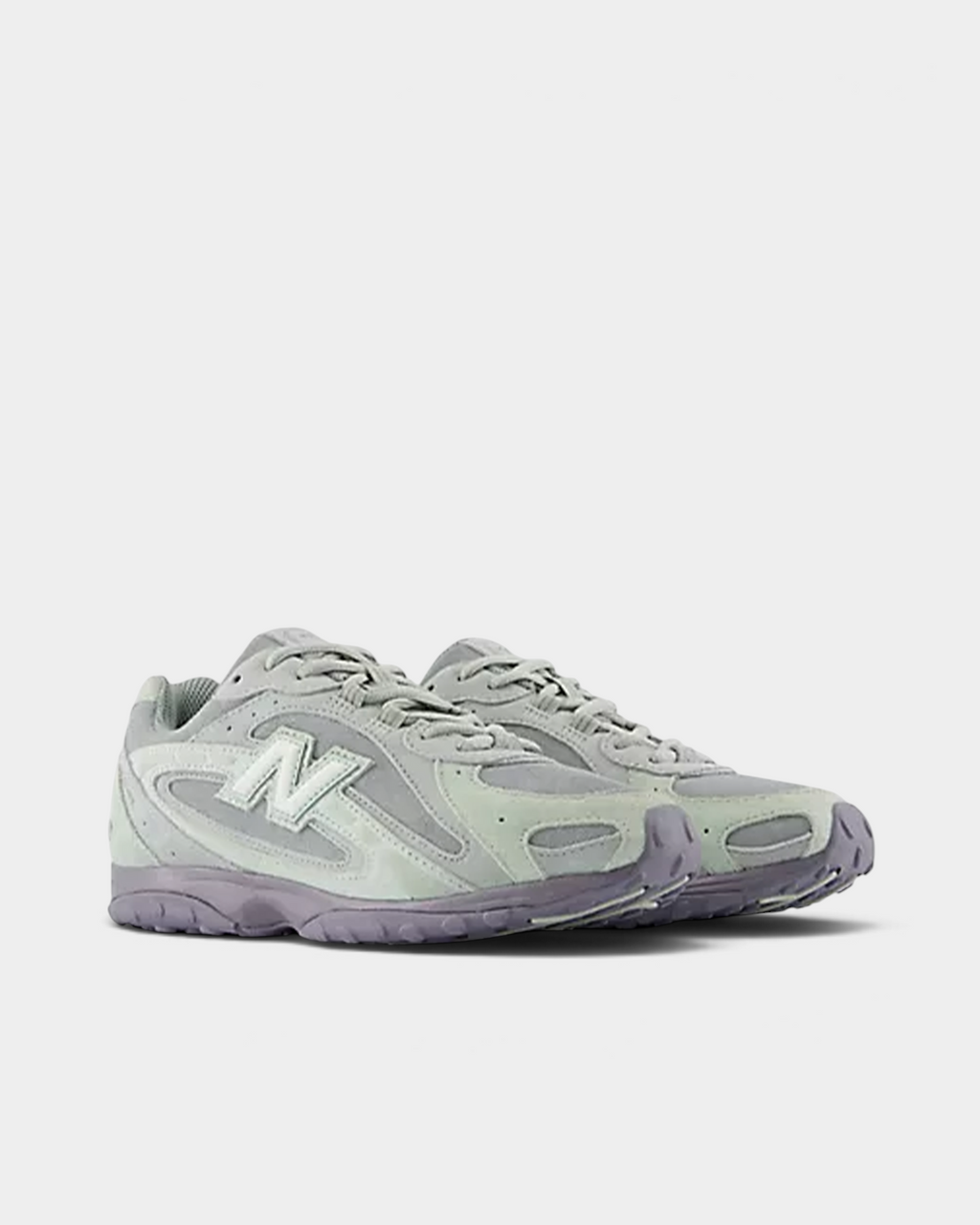 Pair of New Balance 204L sneakers in silver moss and lone star grey, three-quarter front view of the suede overlays and mesh panels