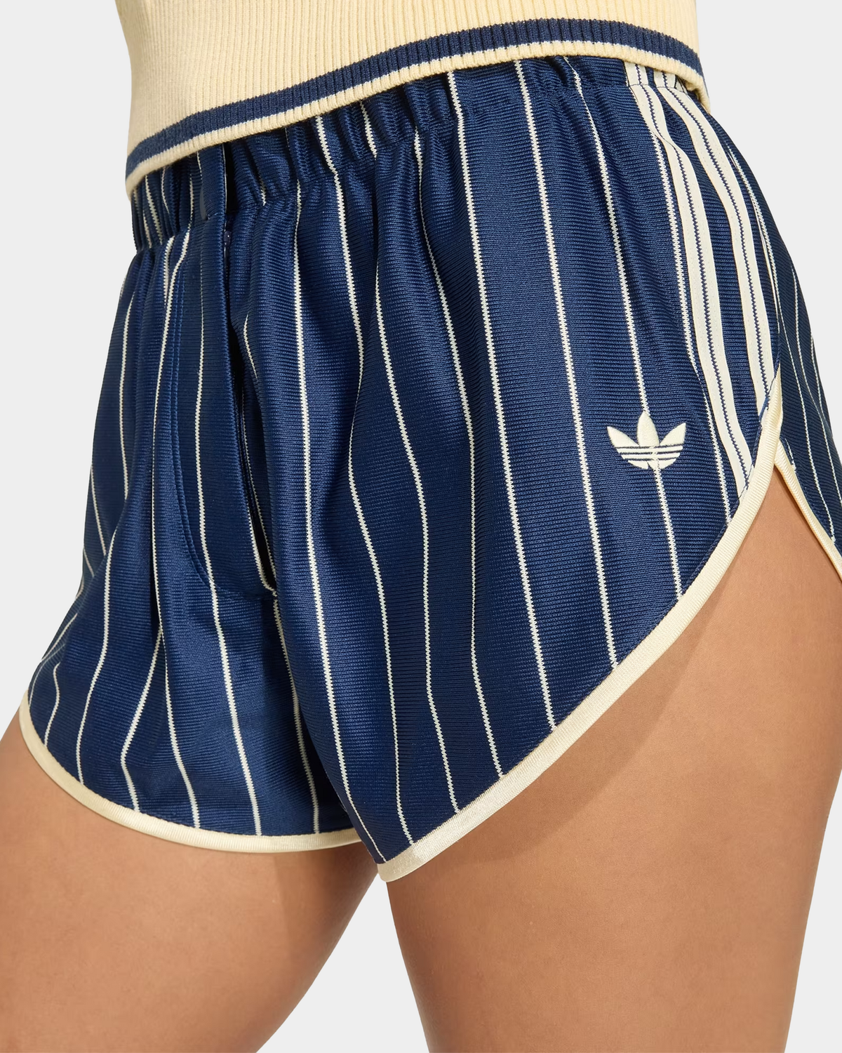 adidas Pinstripe Firebird Shorts in indigo navy, loose-fit shorts with a pinstripe and a button closure