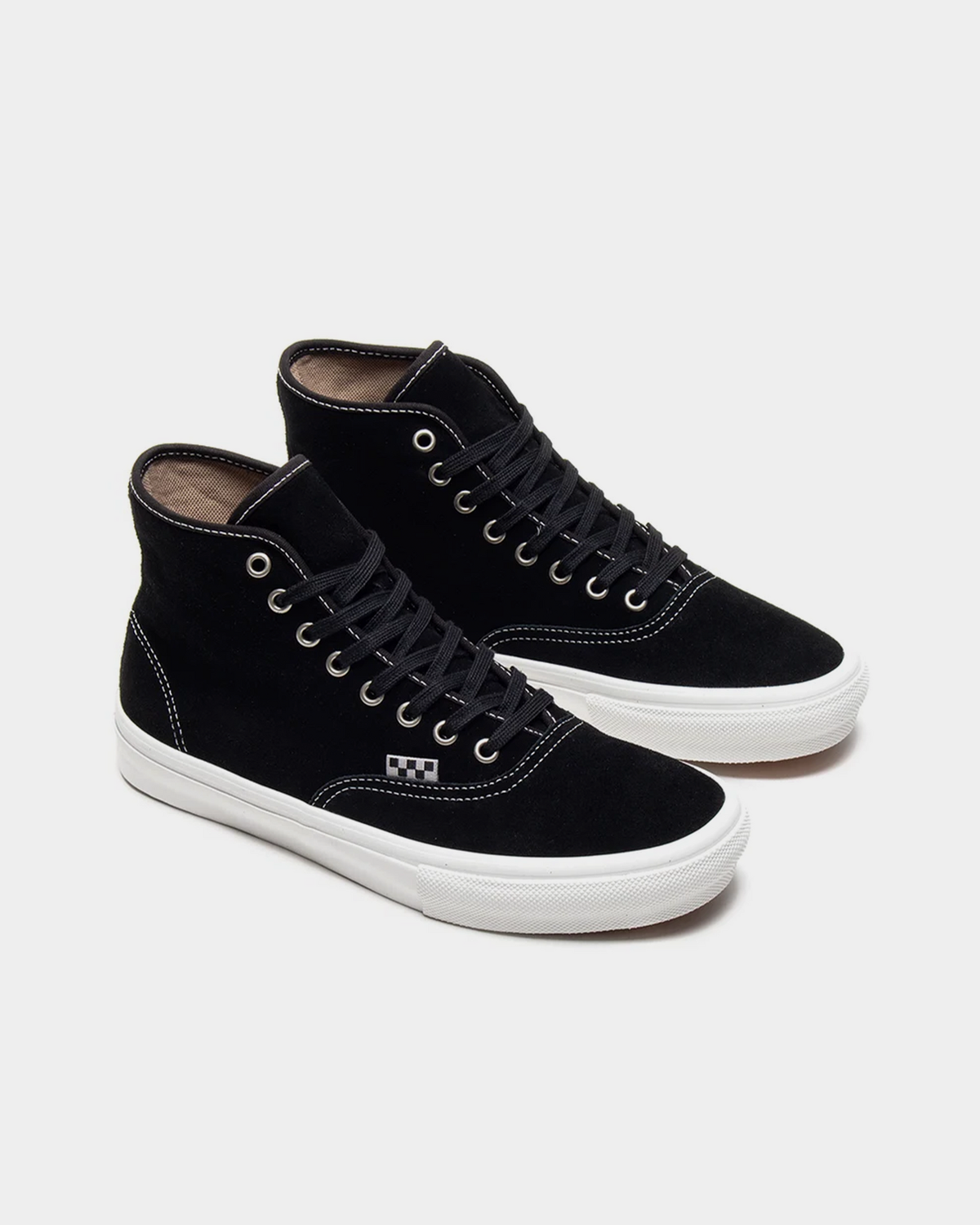 Pair of Vans Skate Authentic High black suede skate shoes seen from the front three-quarter angle, showing the checkerboard flag label and white foxing