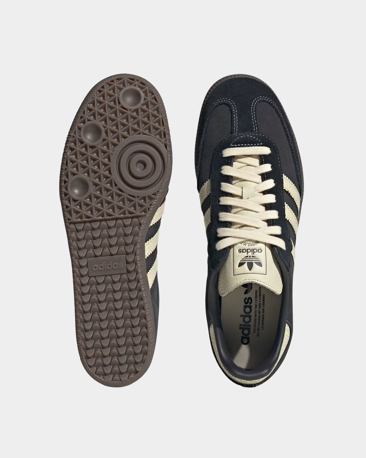 adidas Samba OG in carbon leather with warm vanilla, low-top sneakers on a gum sole