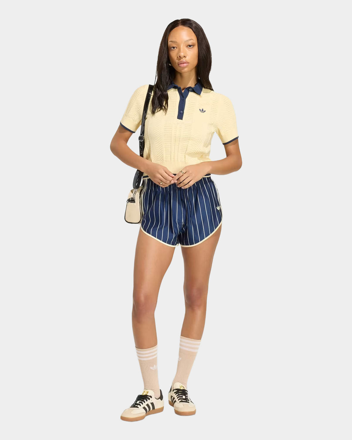 adidas Pinstripe Firebird Shorts in indigo navy, loose-fit shorts with a pinstripe and a button closure