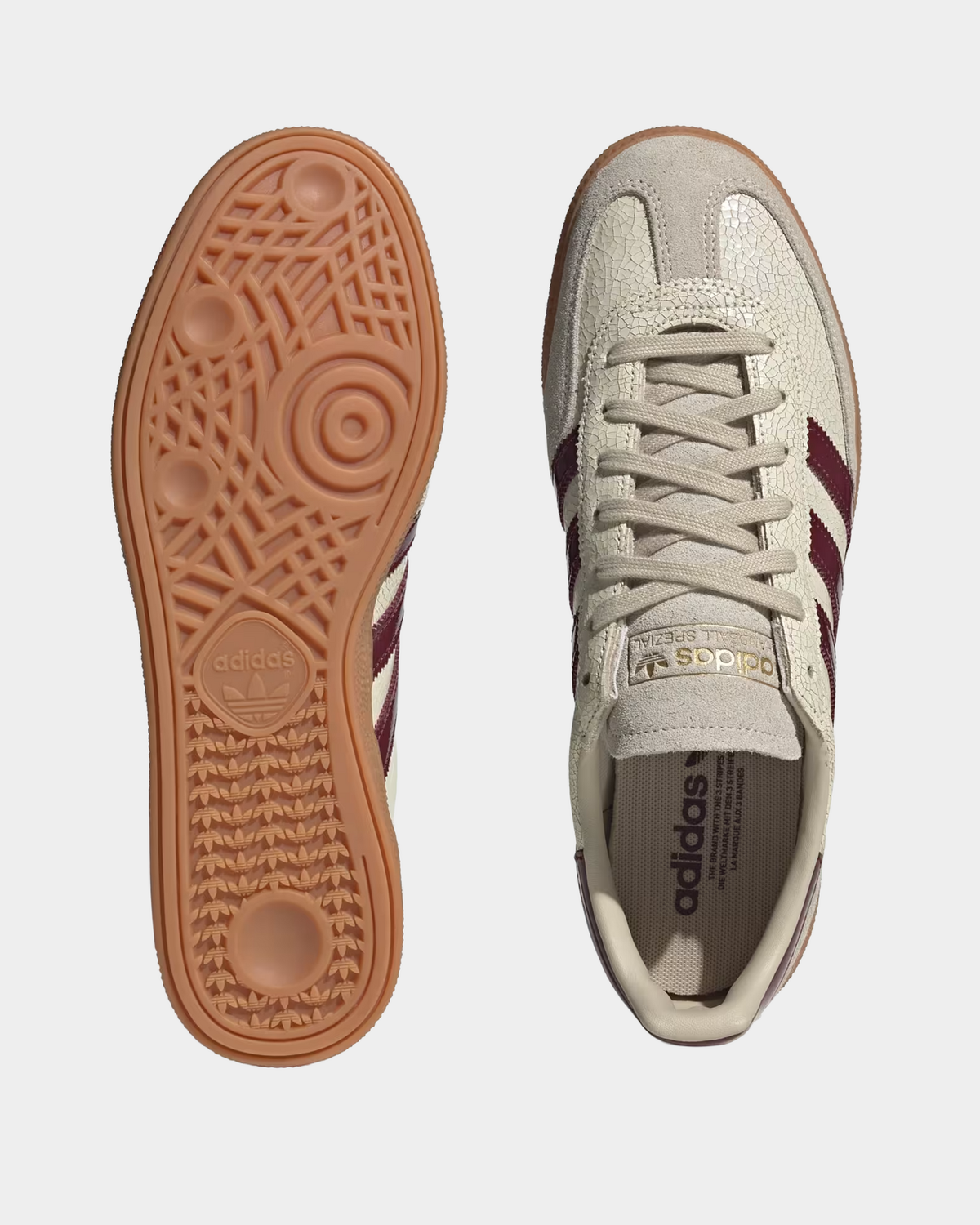adidas Handball Spezial in off white with shadow red, low-top leather and suede sneakers on a gum sole