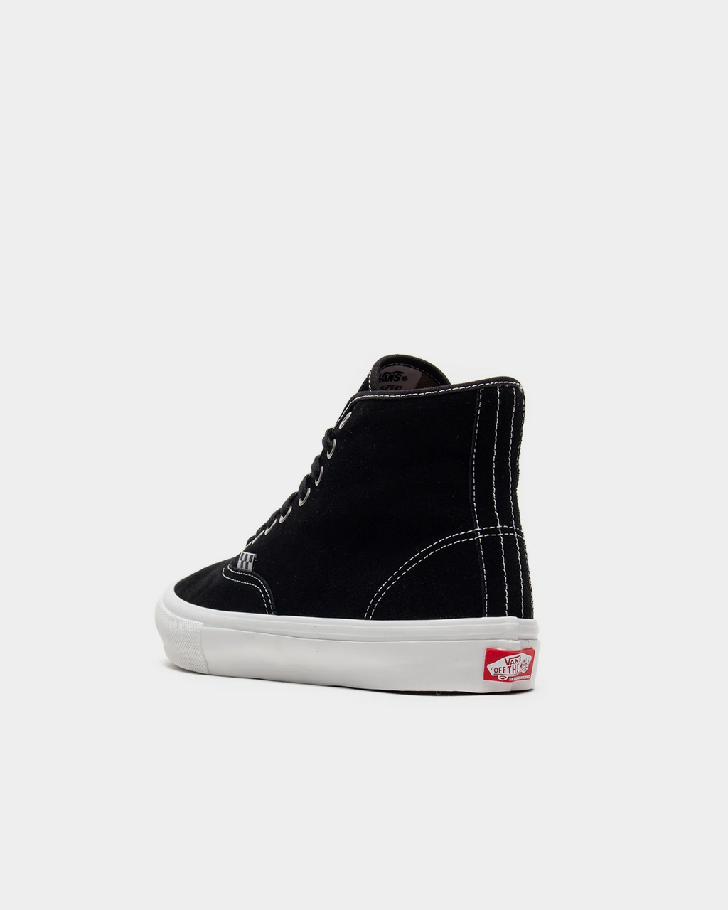 Vans Skate Authentic High black suede skate shoe from behind, showing the contrast white stitching and the red Off The Wall heel tab