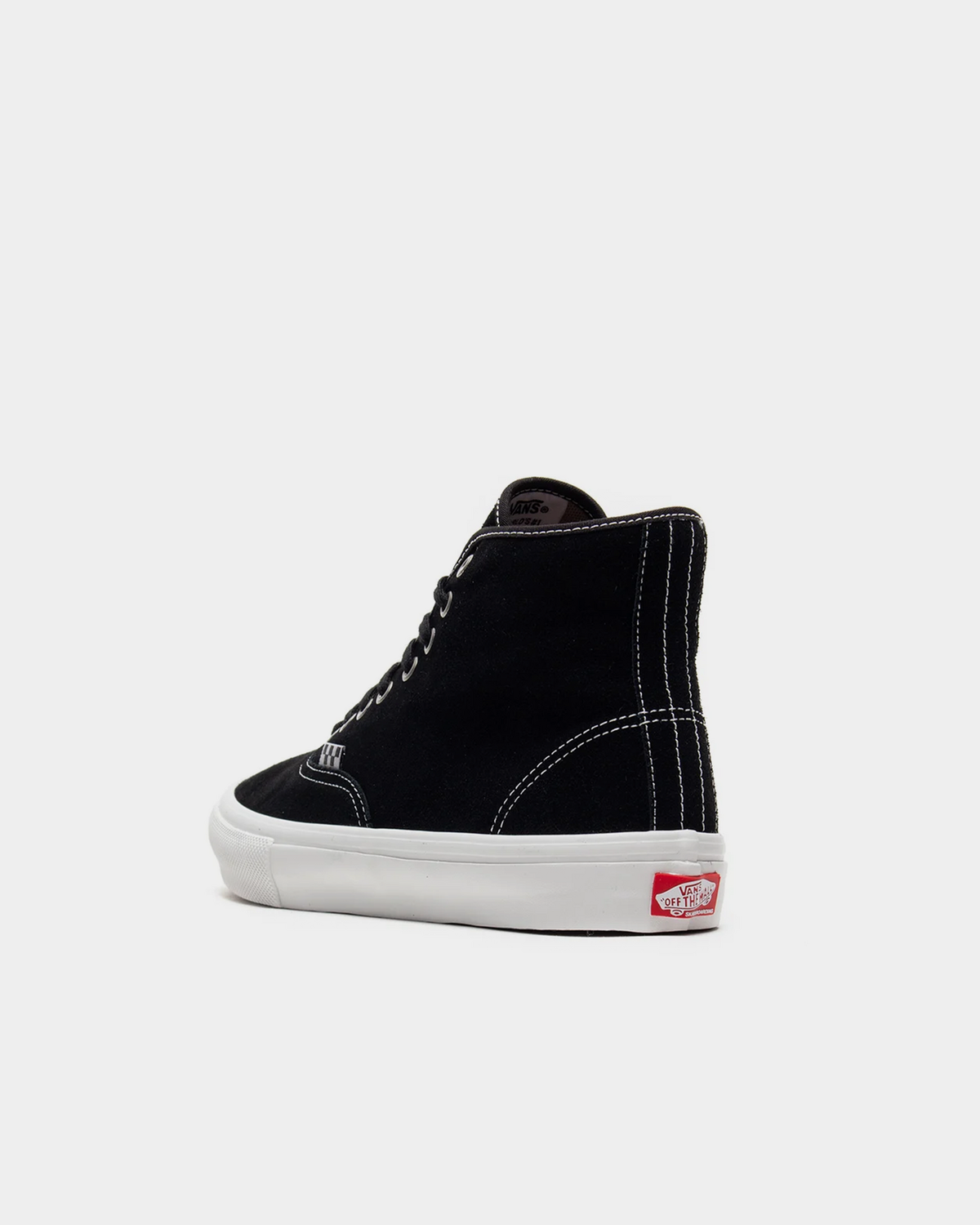 Vans Skate Authentic High black suede skate shoe from behind, showing the contrast white stitching and the red Off The Wall heel tab
