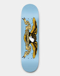 Lockwood Avenue Antihero Classic Eagle 8.25 inch skateboard deck with a gold and black eagle and banner graphic on a light blue board