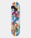 Lockwood Avenue Evisen Rainbow 8.06 inch skateboard deck featuring colourful handbags, keys and dice on a blue sky with a rainbow stripe