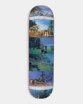 Lockwood Avenue Fucking Awesome Landscapes 8.25 inch skateboard deck with stacked painted landscape scenes in green, blue and orange