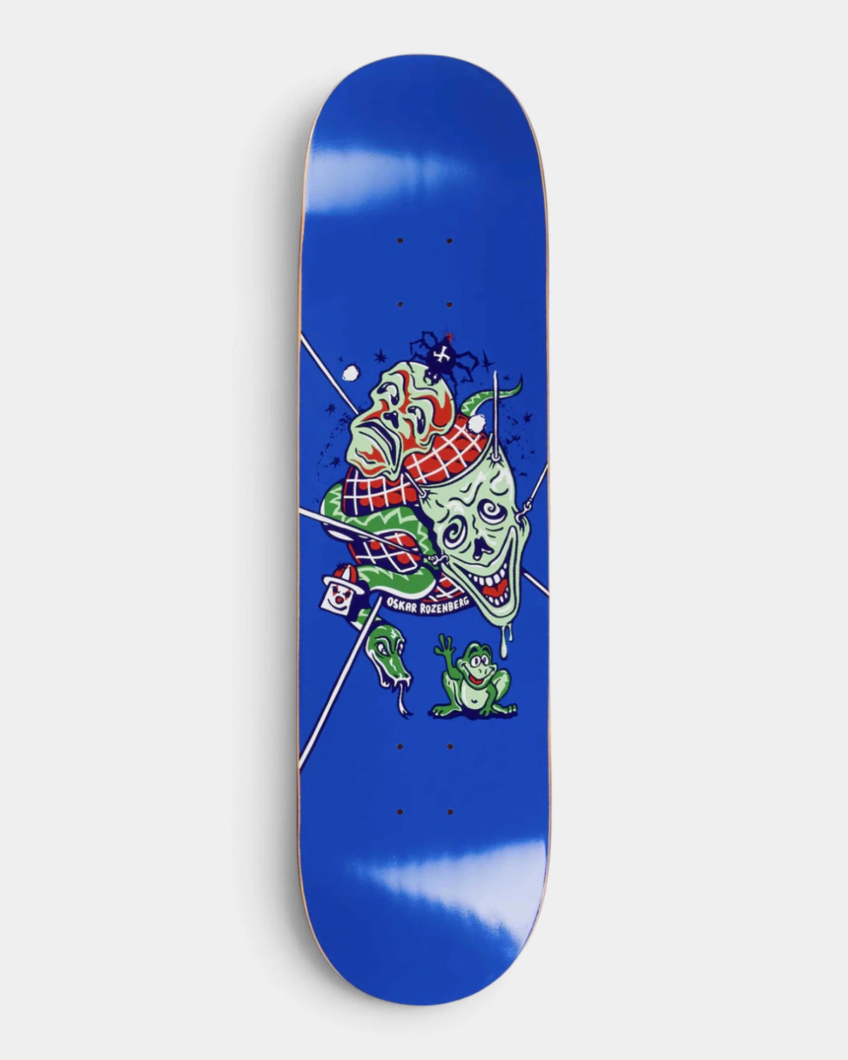 Polar Oskar Rozenberg The Mask Deck 8.125" in blue, a green mask peeling off a face in a plaid cap with a snake and a frog below