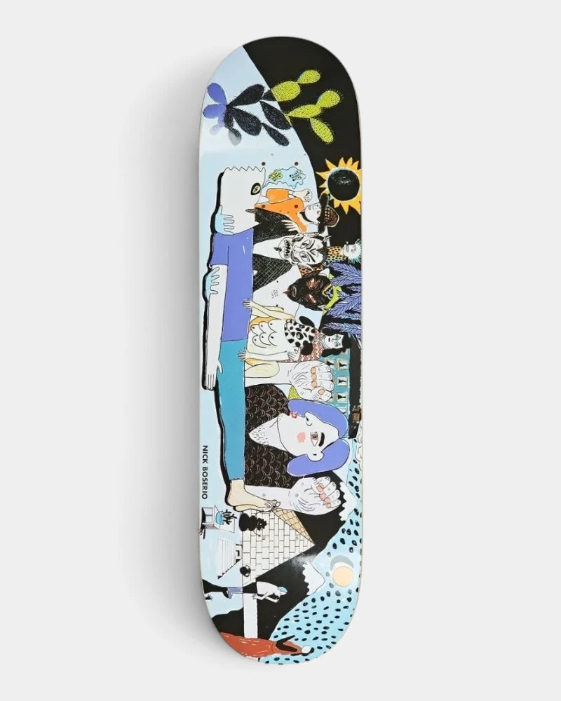 Lockwood Avenue Polar Nick Boserio Group Healing 8.0 inch skateboard deck with a busy illustrated group of figures in light blue, black and white