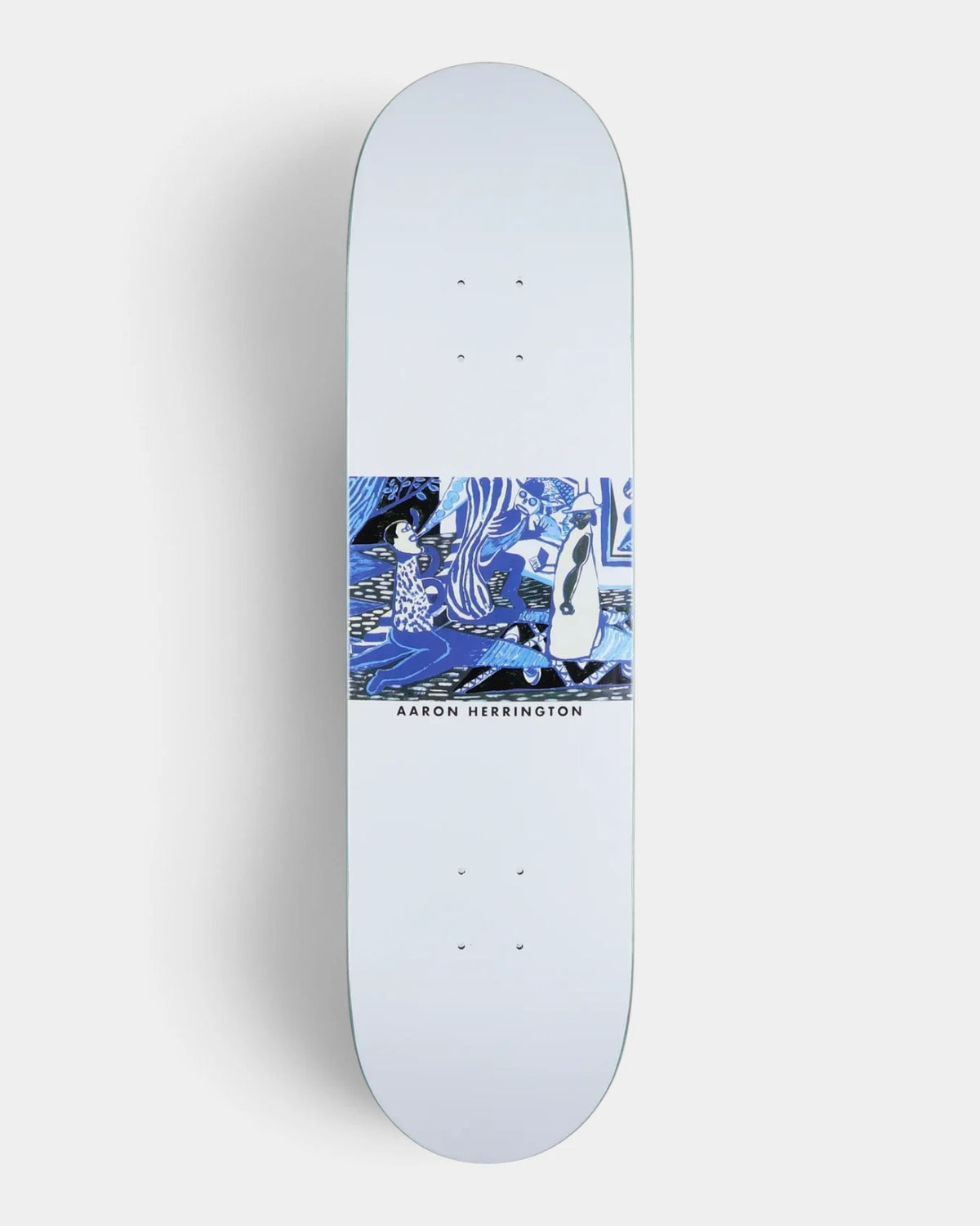 Lockwood Avenue Polar Aaron Herrington Serenade 8.0 inch skateboard deck with a blue and black illustrated scene on a pale grey board