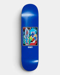 Lockwood Avenue Polar Oskar Rozenberg Tribal Chief 8.0 inch skateboard deck with a framed painting of a blue-haired chief with a sword on a blue board
