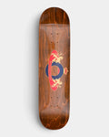 Lockwood Avenue Pop Trading Company Royal O Deck 8.0 inch skateboard deck with a red and navy crest with gold lions on a brown stained board