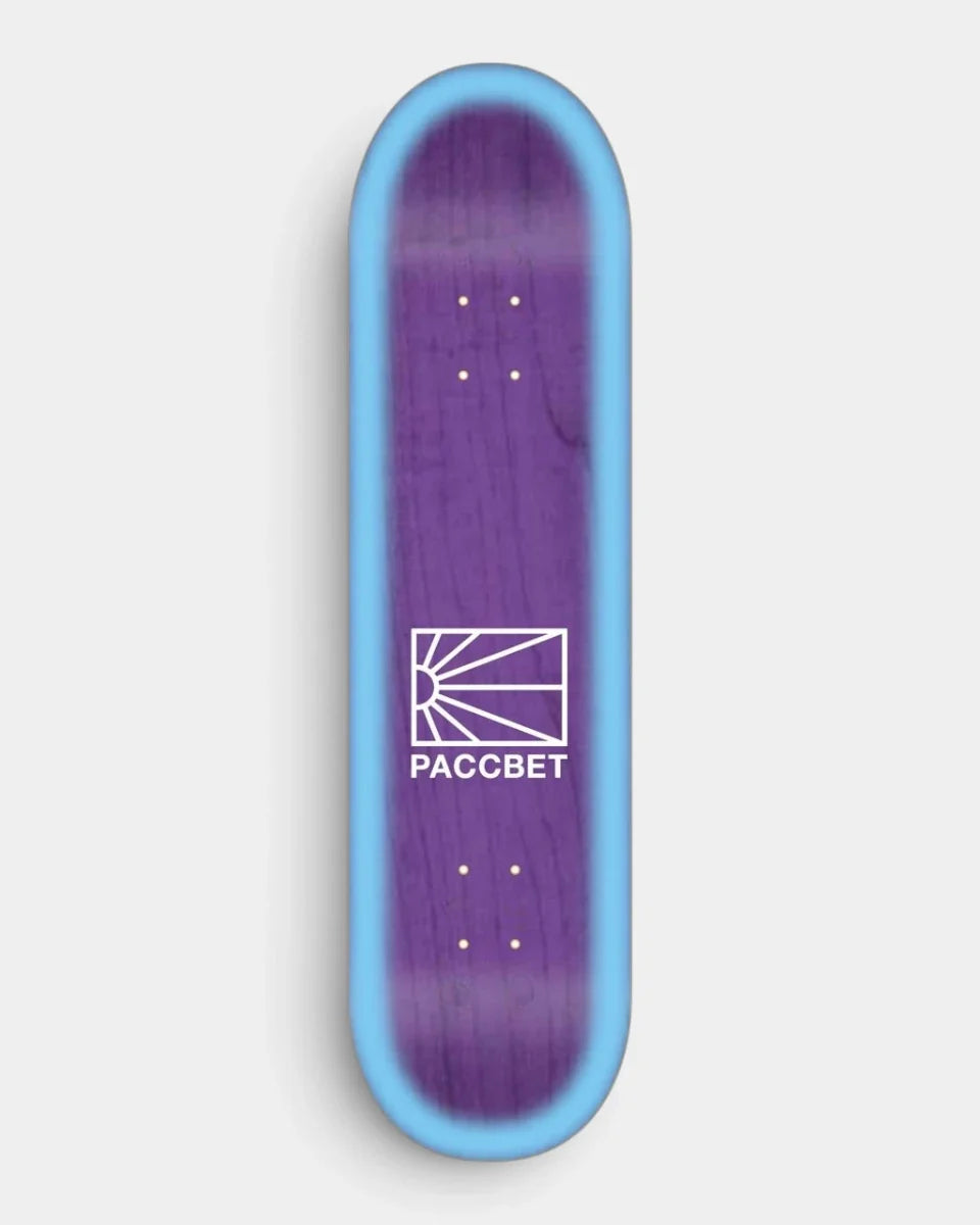 Lockwood Avenue Rassvet Logo Purple Blue 8.5 inch skateboard deck with a white PACCBET logo on a purple board with a light blue edge