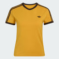 adidas 3 Stripes Slim T-Shirt in Preloved Yellow, flat-lay front view with Aurora Coffee 3-Stripes on the shoulders