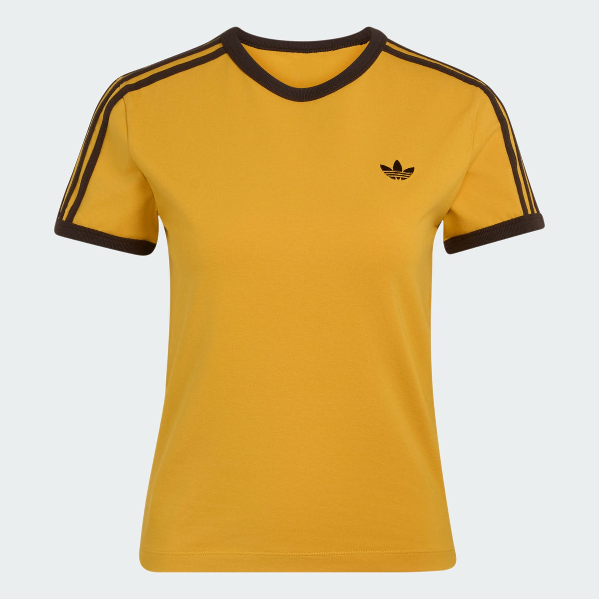 adidas 3 Stripes Slim T-Shirt in Preloved Yellow, flat-lay front view with Aurora Coffee 3-Stripes on the shoulders