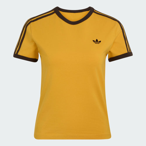 adidas 3 Stripes Slim T-Shirt in Preloved Yellow, flat-lay front view with Aurora Coffee 3-Stripes on the shoulders