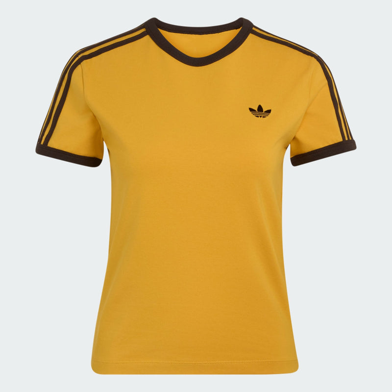 adidas 3 Stripes Slim T-Shirt in Preloved Yellow, flat-lay front view with Aurora Coffee 3-Stripes on the shoulders