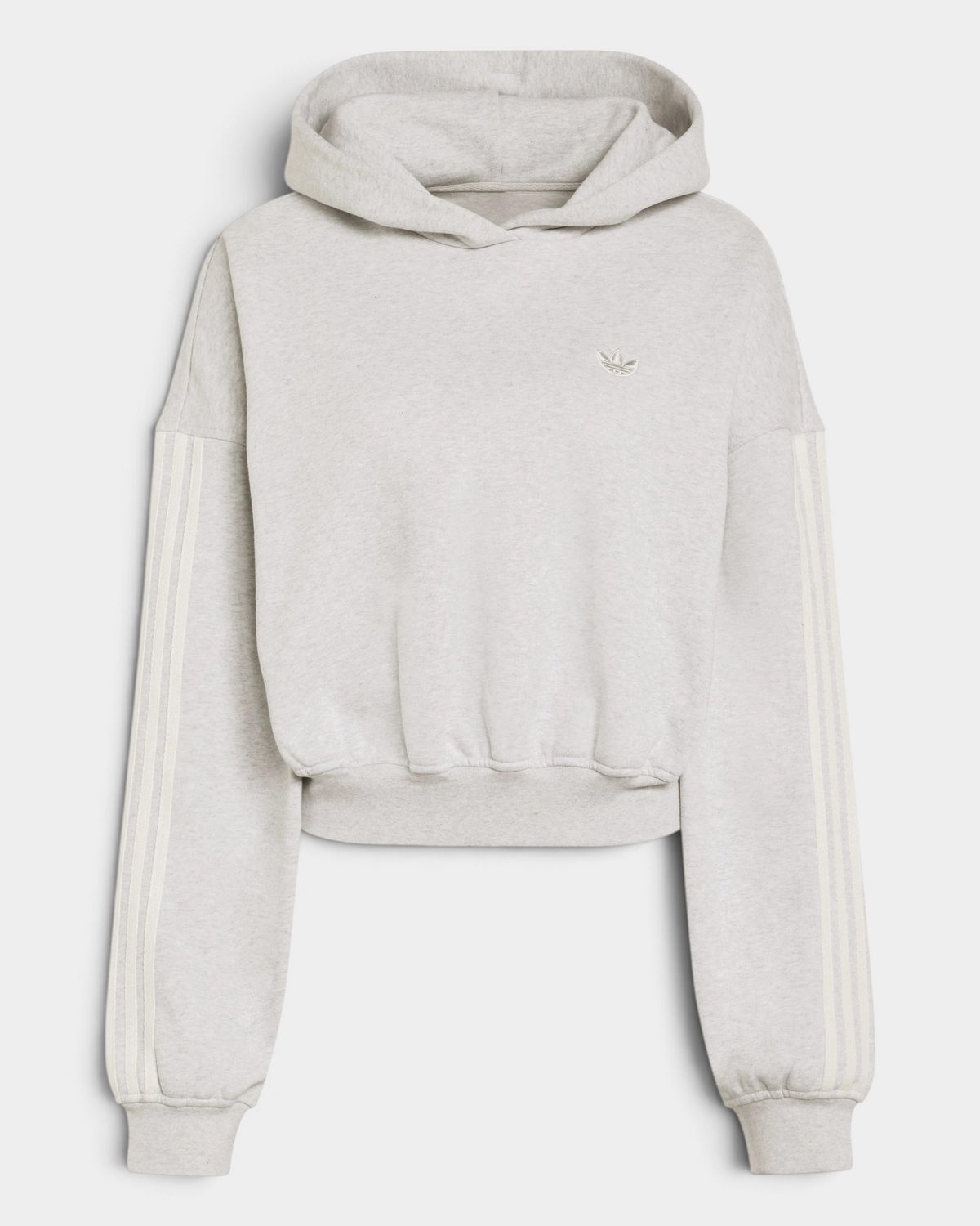 Lockwood Avenue adidas adiSignature 3-Stripes Hoodie in light grey heather, flat front view of the oversized cropped fit with cream 3-Stripes down the sleeves and a small Trefoil