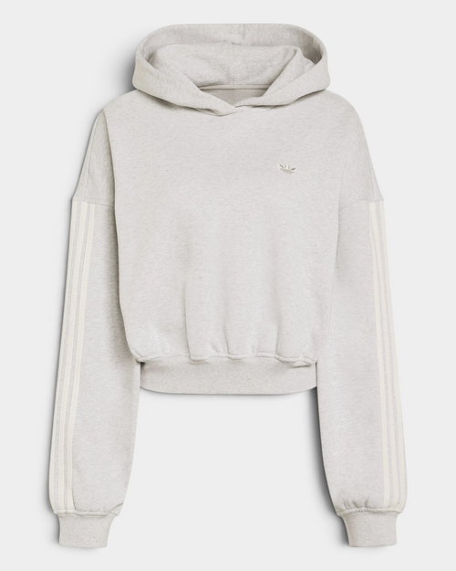 Lockwood Avenue adidas adiSignature 3-Stripes Hoodie in light grey heather, flat front view of the oversized cropped fit with cream 3-Stripes down the sleeves and a small Trefoil