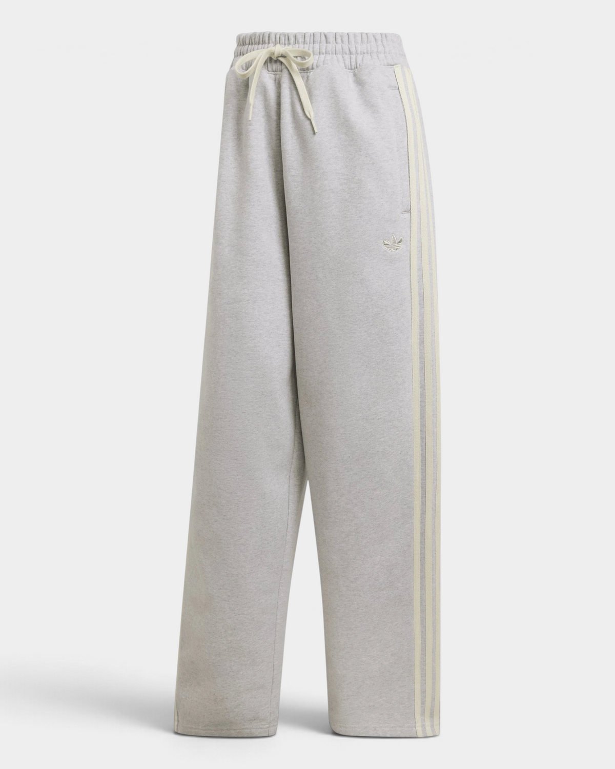 Lockwood Avenue adidas adiSignature 3-Stripes Open Hem Sweatpants in light grey heather, flat front view with a cream drawcord and cream 3-Stripes down the legs