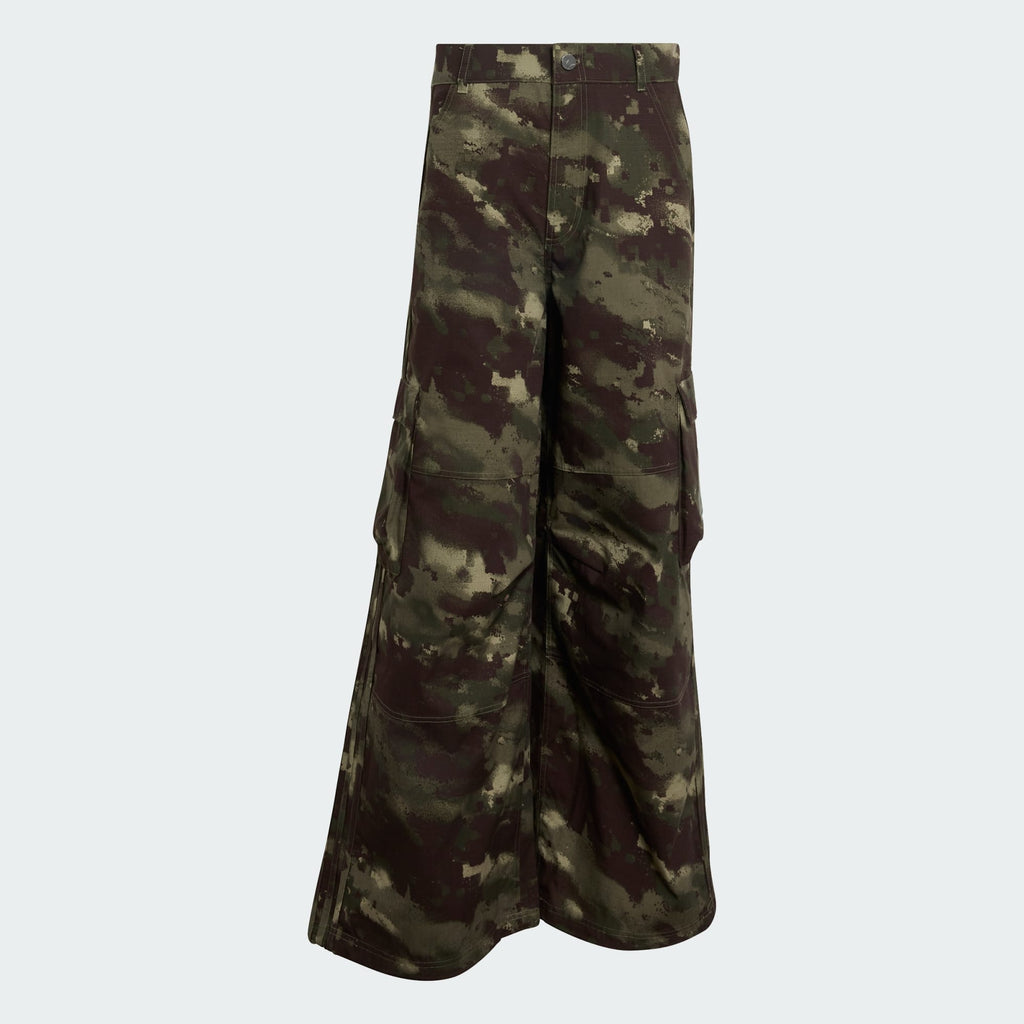 adidas Camo Pants in Olive Strata, flat-lay front view of wide-leg ripstop cargo pants with camo print