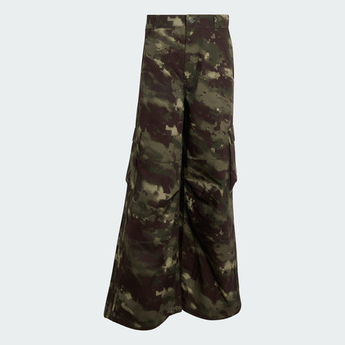 adidas Camo Pants in Olive Strata, flat-lay front view of wide-leg ripstop cargo pants with camo print