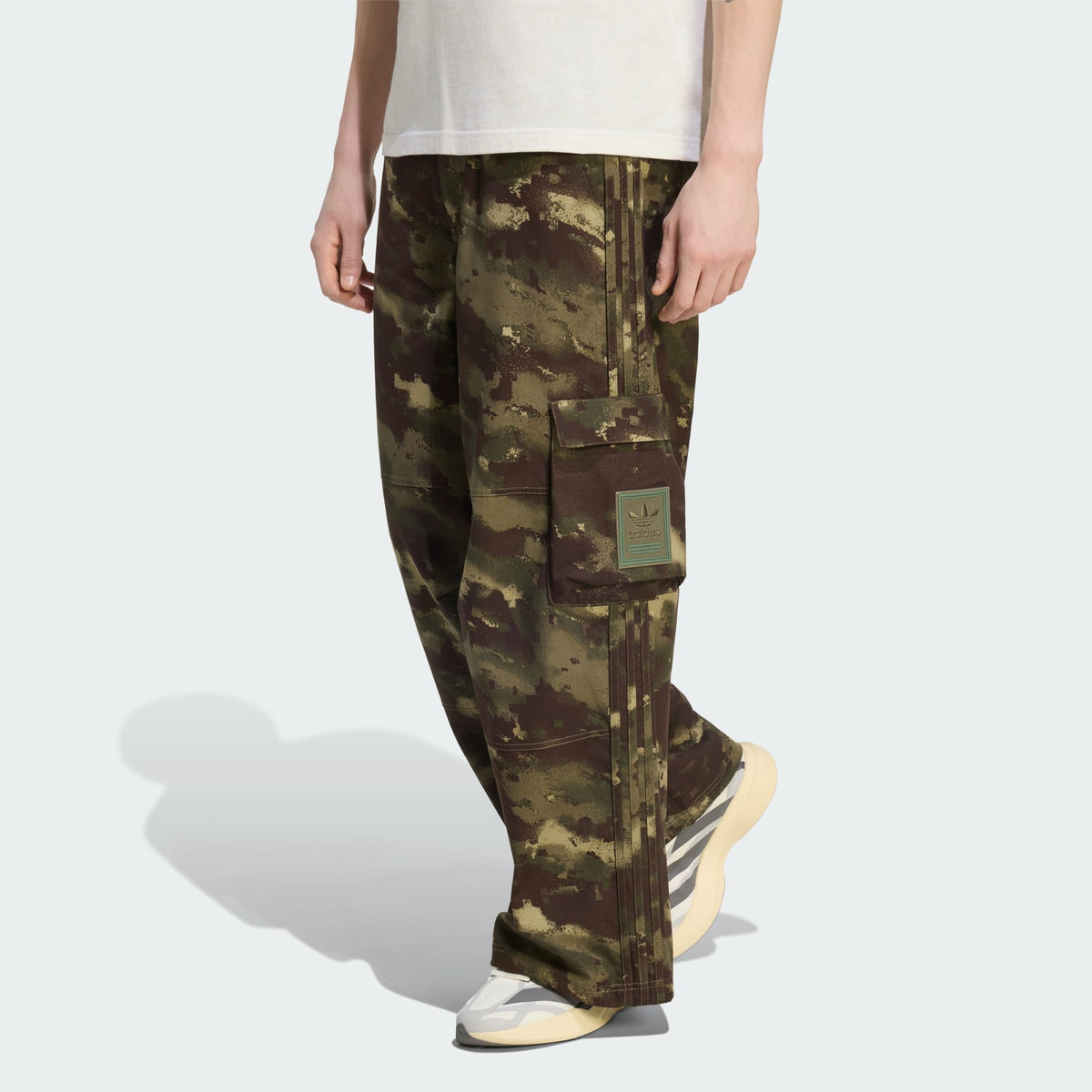 adidas Camo Pants in Olive Strata, wide-leg ripstop cargo pants with camo print