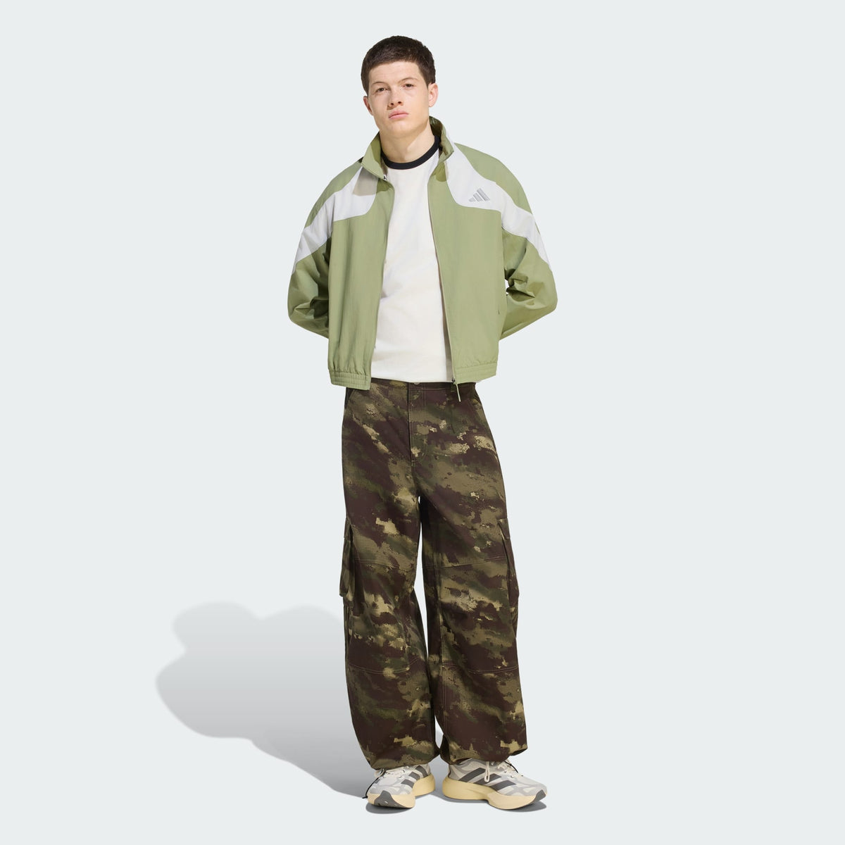 adidas Camo Pants in Olive Strata, wide-leg ripstop cargo pants with camo print