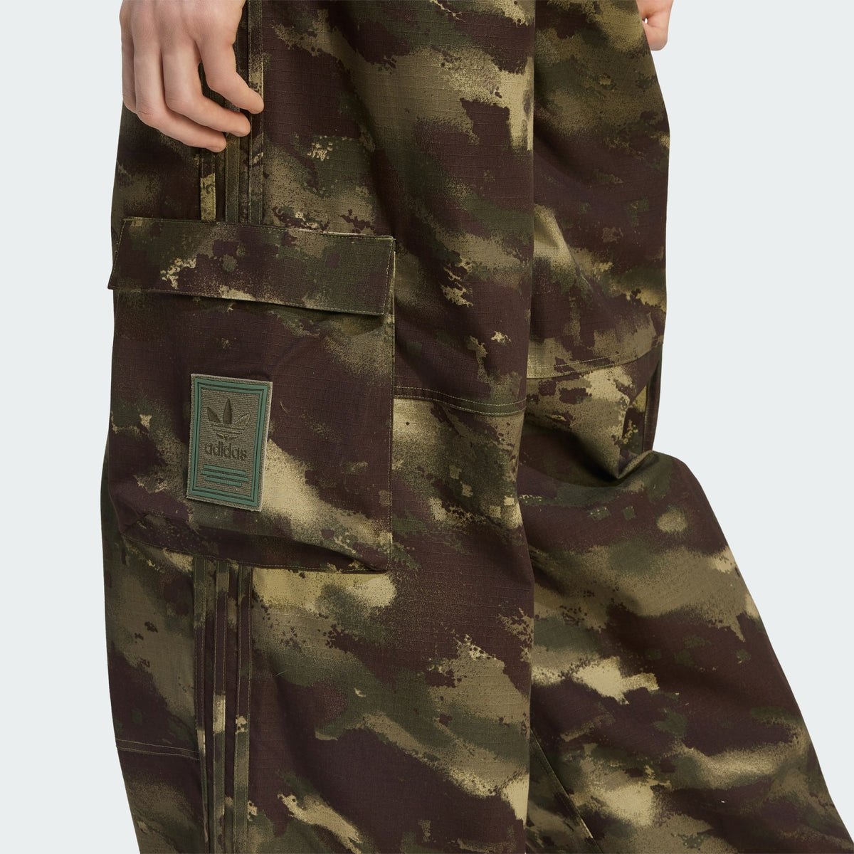 adidas Camo Pants in Olive Strata, wide-leg ripstop cargo pants with camo print