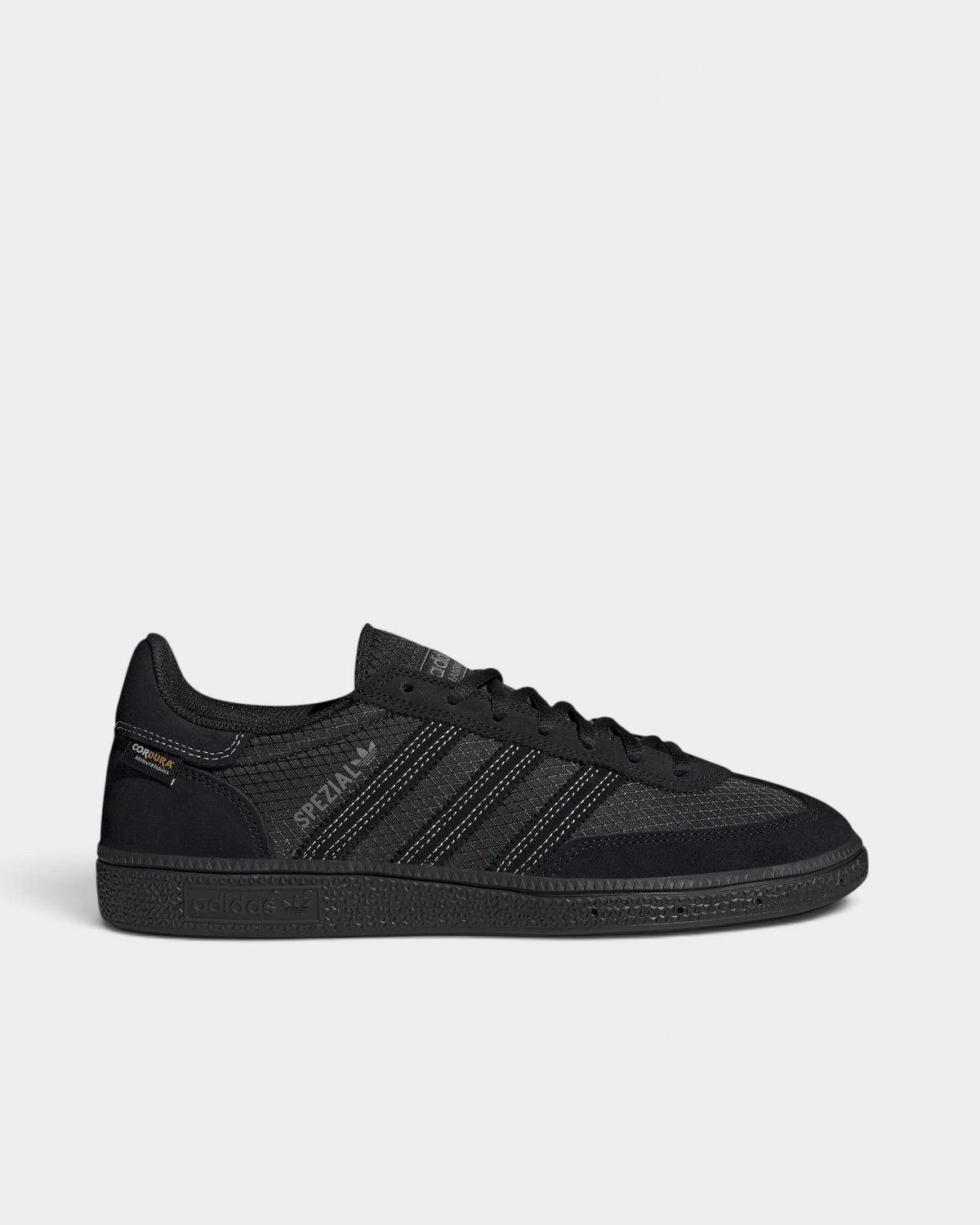 Lockwood Avenue adidas Handball Spezial shoe in all black with a CORDURA ripstop quarter and suede overlays, side view with the 3-Stripes