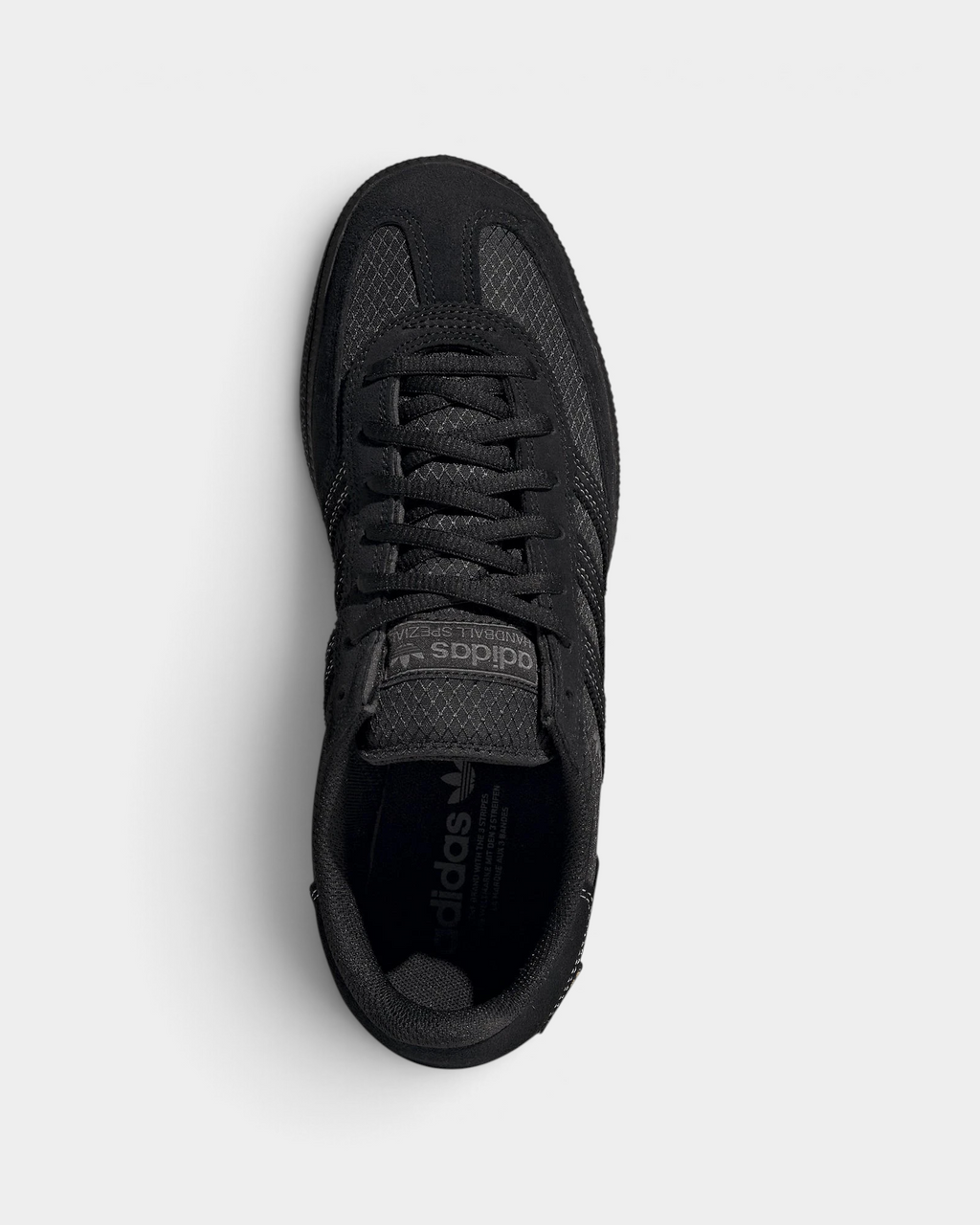 Lockwood Avenue adidas Handball Spezial shoe in all black with a CORDURA ripstop quarter and suede overlays, seen from above with the laces and the adidas logo on the insole