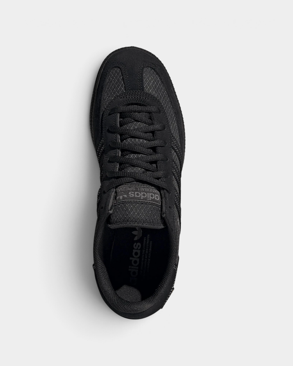 Lockwood Avenue adidas Handball Spezial shoe in all black with a CORDURA ripstop quarter and suede overlays, seen from above with the laces and the adidas logo on the insole