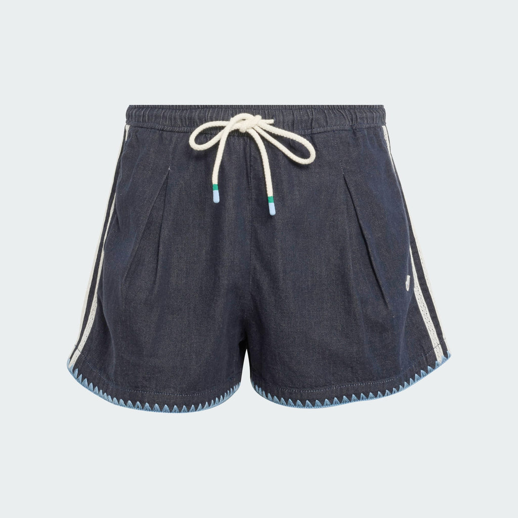 adidas Resort S W Shorts in indigo denim, flat-lay front view of regular-fit cotton denim shorts