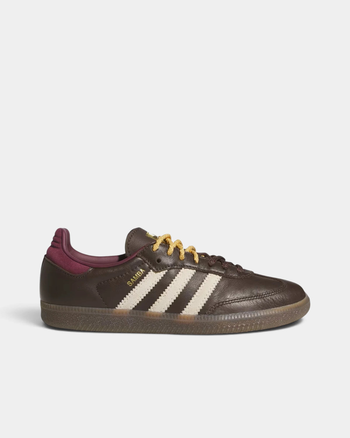 Lockwood Avenue adidas Samba OG W shoe in brown leather, side view with cream 3-Stripes, gold laces and a gum sole