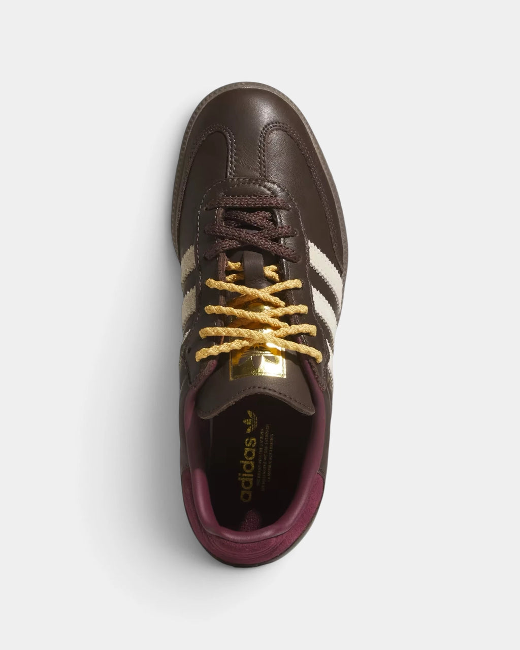 Lockwood Avenue adidas Samba OG W shoe in brown leather seen from above, gold laces over the tongue and a maroon collar