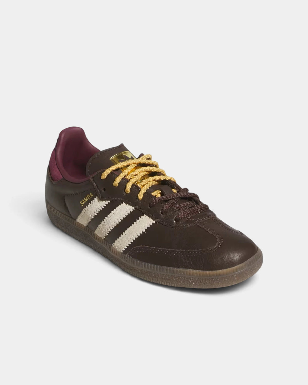 Lockwood Avenue adidas Samba OG W shoe in brown leather, angled front view with the cream 3-Stripes and the maroon heel