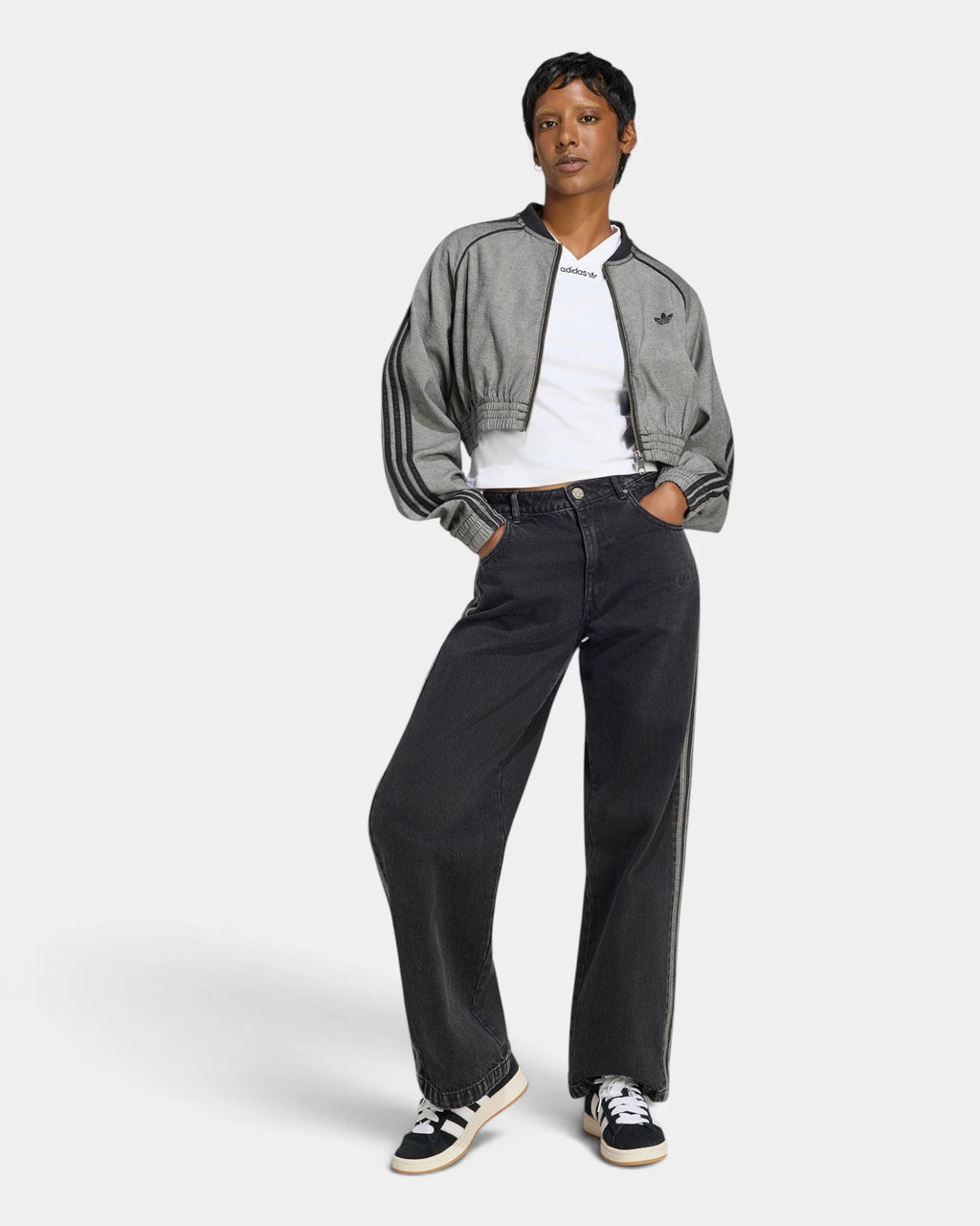 Lockwood Avenue adidas SST Denim Track Top in light grey denim, full-length outfit worn open over a white tee with wide black jeans