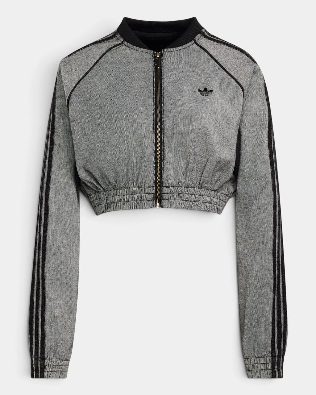 Lockwood Avenue adidas SST Denim Track Top in light grey denim, flat front view with black collar, black zip, black 3-Stripes and a gathered cropped hem