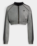 Lockwood Avenue adidas SST Denim Track Top in light grey denim, flat front view with black collar, black zip, black 3-Stripes and a gathered cropped hem