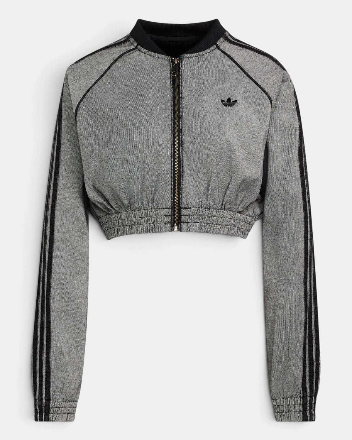 Lockwood Avenue adidas SST Denim Track Top in light grey denim, flat front view with black collar, black zip, black 3-Stripes and a gathered cropped hem