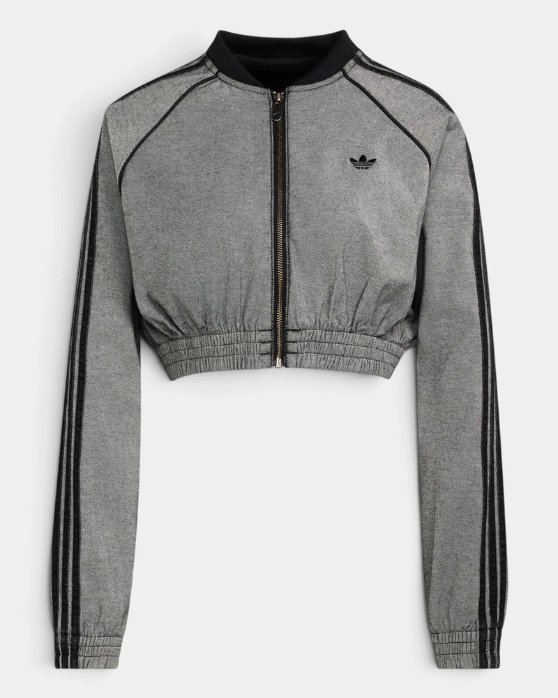 Lockwood Avenue adidas SST Denim Track Top in light grey denim, flat front view with black collar, black zip, black 3-Stripes and a gathered cropped hem