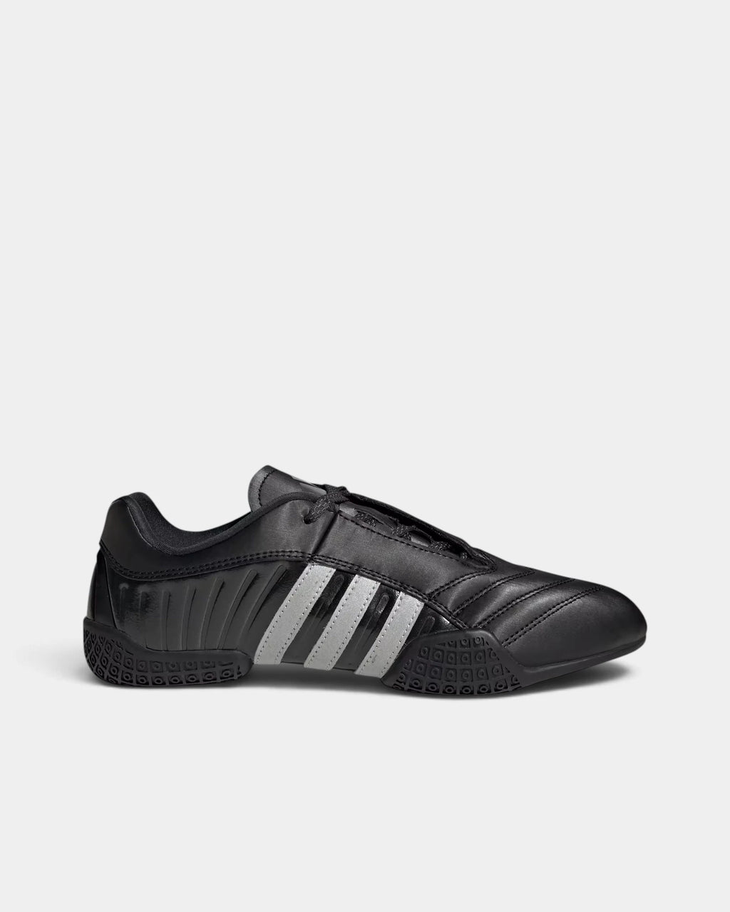 Lockwood Avenue adidas Taekwondo Mei Elite shoe in black, side view with silver metallic 3-Stripes and a black sole