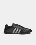 Lockwood Avenue adidas Taekwondo Mei Elite shoe in black, side view with silver metallic 3-Stripes and a black sole