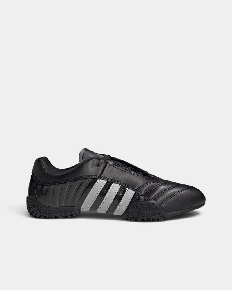Lockwood Avenue adidas Taekwondo Mei Elite shoe in black, side view with silver metallic 3-Stripes and a black sole