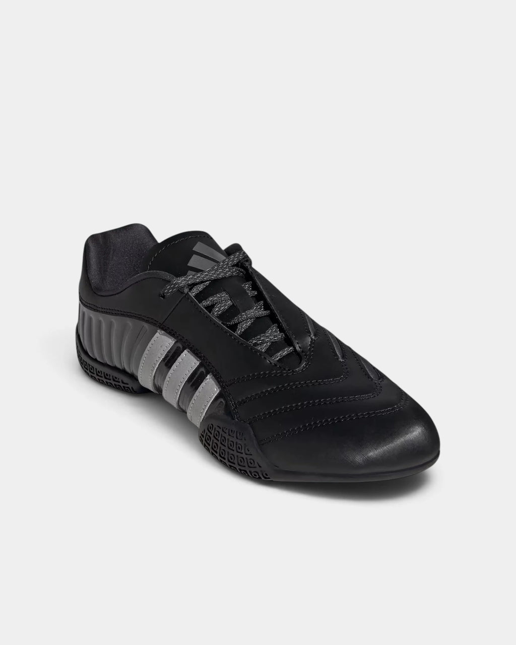 Lockwood Avenue adidas Taekwondo Mei Elite shoe in black, angled front view with the asymmetric lacing and silver metallic 3-Stripes