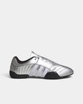 Lockwood Avenue adidas Taekwondo Mei Elite shoe in silver metallic, side view with pale purple 3-Stripes and a black sole